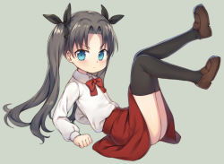 Rule 34 | 1girl, arm support, black hair, black thighhighs, blue eyes, brown footwear, child, commentary request, fate/grand order, fate (series), fred04142, full body, green background, leaning back, legs, legs up, long hair, looking at viewer, red skirt, ribbon, shirt, shoes, simple background, sitting, skirt, solo, thighhighs, thighs, tohsaka rin, twintails, white shirt, aged down