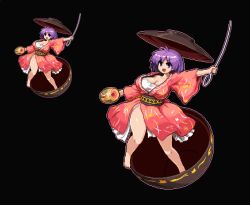 Rule 34 | &gt;:d, 1girl, :d, bad id, bad twitter id, barefoot, blush, bowl, bowl hat, breasts, cleavage, curvy, hat, holding, holding needle, huge breasts, japanese clothes, kimono, looking at viewer, miracle mallet, namako daibakuhatsu, needle, open mouth, outline, pixel art, purple eyes, purple hair, short hair, smile, solo, standing, sukuna shinmyoumaru, tan, thick thighs, thighs, touhou, v-shaped eyebrows, wide hips, zoom layer