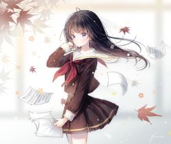 Rule 34 | 10s, 1girl, adjusting hair, autumn leaves, bad id, bad pixiv id, black hair, brown skirt, gomzi, hibike! euphonium, kousaka reina, leaf, long hair, looking at viewer, neckerchief, paper, pleated skirt, purple eyes, red neckerchief, school uniform, serafuku, sheet music, skirt, solo, standing