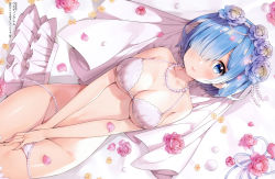 Rule 34 | 1girl, absurdres, ayamy, bare shoulders, blue eyes, blue hair, blush, bra, breasts, bridal veil, cleavage, collarbone, covering privates, covering crotch, fingernails, flower, gem, hair ornament, hair over one eye, highres, huge filesize, incredibly absurdres, jewelry, large breasts, lips, looking at viewer, lying, navel, necklace, on back, parted lips, pearl (gemstone), pearl necklace, petals, re:zero kara hajimeru isekai seikatsu, rem (re:zero), scan, shiny skin, short hair, simple background, smile, solo, stomach, thighs, underwear, veil, white bra