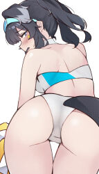 Rule 34 | 1girl, absurdres, animal ears, ass, black hair, blue archive, blue eyes, blue hairband, blush, breasts, cheerleader, clothing cutout, commentary request, cropped shirt, dog ears, dog girl, dog tail, facial tattoo, from behind, hairband, halftone texture, hibiki (blue archive), hibiki (cheer squad) (blue archive), highres, holding, holding pom poms, medium breasts, medium hair, official alternate costume, pirukusu, pom pom (cheerleading), pom poms, ponytail, shirt, simple background, solo, sweat, tail, tail through clothes, tattoo, thigh gap, white background, white shirt