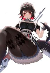 1girl absurdres ass black_hair blush breasts closed_mouth colored_inner_hair cowboy_shot earrings ellen_joe fins fish_tail hair_between_eyes highres holding holding_weapon jewelry large_breasts lds_(dstwins97) looking_at_viewer maid maid_headdress mole mole_under_eye multicolored_hair pantyhose red_hair shark_girl shark_tail short_hair simple_background sitting solo tail thighs weapon white_background zenless_zone_zero