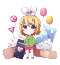 Rule 34 | balloon, bandaid, blonde hair, blue eyes, bow, cellphone, chibi, closed mouth, commentary request, green hoodie, hair bow, hair ornament, hairclip, hands in pockets, hood, hoodie, kagamine rin, looking at viewer, melancholic (vocaloid), melancholy (module), omachi mozu, phone, pink footwear, pink skirt, project diva (series), road sign, ruler, set square, shoes, sign, skirt, smartphone, sneakers, stop sign, vocaloid, white bow, yield sign