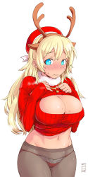 Rule 34 | 10s, 1girl, 2014, alternate costume, antlers, aqua eyes, atago (kancolle), blonde hair, blush, breasts, cleavage, cleavage cutout, clothes lift, clothing cutout, cowboy shot, dated, fur collar, hat, highres, horns, kantai collection, large breasts, looking at viewer, meme attire, navel, nekoguchi, open-chest sweater, panties, panties under pantyhose, pantyhose, red panties, ribbed sweater, simple background, solo, sweat, sweater, sweater lift, turtleneck, underwear, wavy mouth, white background