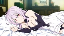 Rule 34 | 1girl, bed, bed sheet, bedroom, breasts, cleavage, detached sleeves, dress, game cg, highres, indoors, large breasts, looking at viewer, lying, mole, mole on breast, official art, on bed, on side, pillow, pov across bed, purple hair, red eyes, smile, solo, strea (sao), sword art online, sword art online: hollow fragment, white dress