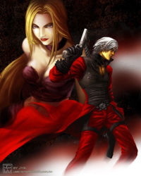 Rule 34 | 1boy, 1girl, blonde hair, breasts, capcom, cleavage, couple, dante (devil may cry), devil may cry, devil may cry (series), devil may cry 2, sword, trish (devil may cry), weapon