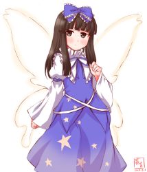 Rule 34 | 1girl, black hair, blunt bangs, bow, brown eyes, commentary request, cosplay, cowboy shot, dated, dress, fairy wings, frilled bow, frills, hatsuyuki (kancolle), highres, kanon (kurogane knights), kantai collection, logo, long hair, long sleeves, looking at viewer, purple bow, purple dress, simple background, solo, standing, star sapphire, star sapphire (cosplay), touhou, white background, wings