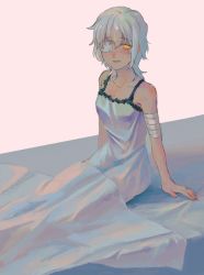 Rule 34 | 1girl, 64kawa4, babydoll, bandages, bandaged arm, bandages, blanket, blush, claudia hortensia, dress, eyepatch, fate/stay night, fate (series), highres, looking at viewer, short hair, sitting, solo, spaghetti strap, under covers, wavy hair, white dress, white hair, yellow eyes