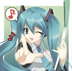 Rule 34 | 1girl, aqua eyes, aqua hair, aqua necktie, foreshortening, hatsune miku, ishigami kazui, lowres, musical note, necktie, one eye closed, open mouth, pointing, simple background, smile, solo, speech bubble, spoken musical note, spring onion, twintails, upper body, vocaloid, wink