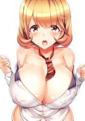 Rule 34 | 10s, 1girl, bare shoulders, between breasts, breasts, brown eyes, brown hair, cleavage, gluteal fold, hair ornament, hairclip, heart hair ornament, highres, large breasts, looking at viewer, narusawa ryouka, necktie, necktie between breasts, occultic;nine, off shoulder, open mouth, short hair, silly (marinkomoe), simple background, solo, teeth, tongue, white background