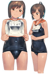 Rule 34 | 1girl, brown eyes, brown hair, closed mouth, highres, i-401 (kancolle), kantai collection, looking at viewer, multiple views, one-piece swimsuit, school swimsuit, shiden (sashimi no wife), short hair, simple background, swimsuit, tan, tanline, wet, wet clothes, wet swimsuit, white background
