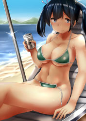 Rule 34 | 10s, 1girl, bare shoulders, beach, beer can, bikini, black hair, blue eyes, blue hair, blush, breasts, can, cleavage, collarbone, day, drink can, hair ribbon, holding, holding can, kantai collection, kashiwamochi (kashiwakashiwa), large breasts, looking at viewer, matching hair/eyes, navel, outdoors, ribbon, sand, sitting, smile, solo, souryuu (kancolle), sparkle, sweat, swimsuit, twintails, water