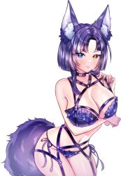 1girl absurdres animal_ear_fluff animal_ears artist_name awful_queen_(vtuber) bad_source breasts by_mirin choker fox_ears fox_girl fox_tail heterochromia highres indie_virtual_youtuber large_breasts looking_at_viewer monster_girl purple_hair solo tail tongue tongue_out underwear