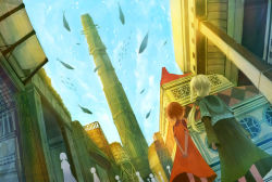 Rule 34 | 2girls, blonde hair, blue sky, building, city, cloud, cloudy sky, crowd, day, dress, fish, flying fish, flying whale, from behind, green dress, long dress, long sleeves, looking up, medium hair, multiple girls, orange dress, red hair, sakimori (hououbds), scenery, short hair, short sleeves, sky, tower, whale