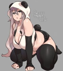 Rule 34 | 1girl, :o, agawa ryou, animal ears, animal hood, bare shoulders, barefoot, breasts, bright pupils, cleavage, grey background, hood, huge breasts, long hair, looking at viewer, open mouth, original, panda ears, panda hood, plump, simple background, sleeveless, solo, thick thighs, thighhighs, thighs