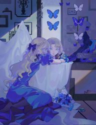 Rule 34 | 2girls, blue bow, blue dress, blue flower, blue rose, blue theme, bouquet, bow, braid, broken, bug, butterfly, cirrika, colored eyelashes, dress, english text, eyelashes, flower, green eyes, hair bow, highres, insect, long eyelashes, long hair, mirror, multiple girls, no shoes, original, parted lips, picture frame, plaque, puffy sleeves, reflection, rose, shaded face, signature, solo focus, yellow eyes