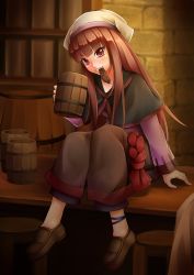 Rule 34 | 1girl, ankle ribbon, bar (place), bar stool, barrel, beer mug, brick wall, capelet, counter, countertop, dress, facing viewer, fang, full body, grin, hat, head tilt, holo, indoors, kirishima itsuki, layered dress, leg ribbon, loafers, long hair, long sleeves, looking at viewer, mouth hold, mug, on counter, red eyes, red hair, ribbon, rope, running bond, shelf, shoes, sitting, sitting on object, smile, solo, spice and wolf, stone wall, stool, tankard, wall