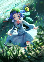 Rule 34 | 1girl, :d, absurdres, backpack, bag, blue eyes, blue footwear, blue hair, blue shirt, blue skirt, boots, bubble, collarbone, fish, full body, green hat, hair bobbles, hair ornament, hat, highres, kawashiro nitori, key, long sleeves, looking at viewer, mob cap, nettian51, open mouth, outdoors, reeds, rubber boots, shirt, short hair, skirt, smile, solo, touhou, two side up, underwater