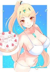 Rule 34 | 1girl, absurdres, alternate hairstyle, bikini, blonde hair, blue background, blush, border, breasts, cake, chest jewel, cowboy shot, food, from above, happy birthday, highres, holding, holding cake, holding food, large breasts, long hair, looking at viewer, mythra (xenoblade), nintendo, ponytail, risumi (taka-fallcherryblossom), smile, solo, swept bangs, swimsuit, tiara, very long hair, white bikini, white border, xenoblade chronicles (series), xenoblade chronicles 2, yellow eyes