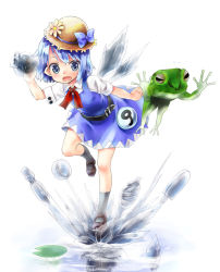 Rule 34 | 1girl, belt, blue eyes, blue hair, bow, circled 9, cirno, dress, female focus, fleeing, flower, food, frog, gradient background, hat, hat bow, hat flower, ice, ice cream, icicle, kannazuki hato, lily pad, lock, matching hair/eyes, padlock, plant, popsicle, short hair, solo, touhou, water, white background, wings