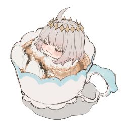 Rule 34 | 1boy, :3, absurdres, ahoge, blush, cape, closed eyes, closed mouth, cup, diamond hairband, fate/grand order, fate (series), fur-trimmed cape, fur trim, highres, in container, in cup, male focus, mini person, miniboy, oberon (fate), short hair, simple background, solo, tea, teacup, white background, white hair, yurumawari