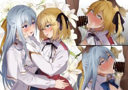 2boys 2girls absurdres anisphia_wynn_palettia blonde_hair blue_eyes blue_hair blush braid breasts cum cum_in_mouth euphyllia_magenta fellatio flower green_eyes hetero highres large_breasts lily_(flower) long_hair looking_at_another multiple_boys multiple_girls multiple_views open_mouth oral short_hair smile tensei_oujo_to_tensai_reijou_no_mahou_kakumei upper_body yuri