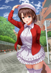 Rule 34 | 1girl, :d, arm behind back, arm up, beret, black neckwear, blue sky, blush, breasts, brown eyes, brown hair, building, center frills, cloud, collar, dress, fence, frills, hand on headwear, hat, highres, jacket, katou megumi, large breasts, long sleeves, looking at viewer, medium hair, open clothes, open jacket, open mouth, outdoors, railing, red jacket, road, saenai heroine no sodatekata, satou chagashi, signpost, sky, smile, solo, street, thighhighs, tree, white collar, white dress, white hat, white thighhighs