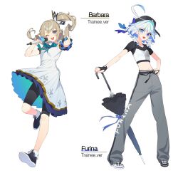 Rule 34 | 2girls, alternate costume, alternate hairstyle, barbara (genshin impact), black footwear, black hat, black shorts, blue eyes, blue hair, character name, commentary, cowlick, dl (dl 6ix), dress, full body, furina (genshin impact), genshin impact, grey pants, hand on own hip, hat, heterochromia, high ponytail, highres, holding, holding microphone, holding umbrella, long hair, looking at viewer, microphone, midriff, multicolored hair, multiple girls, navel, one eye closed, open mouth, pants, shoes, short sleeves, shorts, side ponytail, simple background, standing, streaked hair, two-tone hair, two-tone shirt, umbrella, white background, white dress, white hair