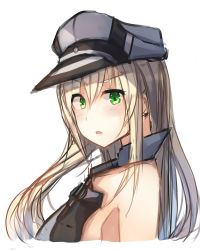 Rule 34 | 10s, 1girl, alternate eye color, bare shoulders, bismarck (kancolle), blonde hair, blush, green eyes, hat, kantai collection, long hair, military, military uniform, open mouth, peaked cap, plan (planhaplalan), solo, uneven eyes, uniform, upper body