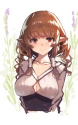 Rule 34 | 1girl, breasts, brown hair, cleavage, cleavage cutout, closed mouth, clothing cutout, collarbone, dress, flower, long hair, looking at viewer, medium breasts, original, pointy ears, purple flower, red eyes, sidelocks, sketch, smile, solo, white background, white dress, yuuji (yukimimi)