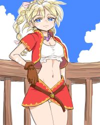 Rule 34 | 1girl, bandages, blonde hair, blue eyes, breasts, chrono cross, cleavage, closed mouth, facial mark, gloves, high ponytail, jewelry, kid (chrono cross), long hair, looking at viewer, midriff, multi-tied hair, navel, necklace, panties, ponytail, s-a-murai, skirt, smile, solo, underwear, vest