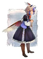 Rule 34 | 1girl, ahoge, belt, bird wings, blue hair, book, boots, bow, bowtie, brown footwear, dress, eho (icbm), from side, full body, head wings, highres, holding, holding book, long sleeves, multicolored hair, pointy ears, profile, red eyes, silver hair, solo, standing, streaked hair, tokiko (touhou), touhou, wings