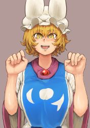 Rule 34 | 1girl, :d, absurdres, animal ears, animal hat, blonde hair, breasts, bright pupils, brooch, brown background, chanta (ayatakaoisii), fang, fox ears, hands up, hat, highres, huge breasts, huge filesize, jewelry, mob cap, open mouth, simple background, smile, solo, tabard, touhou, upper body, white hat, wide sleeves, yakumo ran, yellow eyes