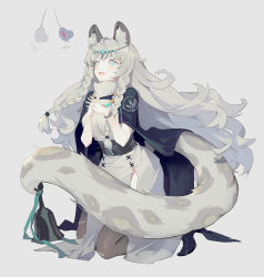 Rule 34 | 1girl, absurdres, animal ear fluff, animal ears, aqua eyes, arknights, bell, black cloak, braid, cloak, commentary request, grey background, grey hair, headpiece, helic (7317helic), highres, interlocked fingers, jewelry, kneeling, leopard ears, leopard tail, long hair, necklace, open mouth, own hands together, pramanix (arknights), simple background, solo, tail, turtleneck, twin braids, very long hair