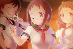 Rule 34 | 3girls, animated, animated gif, blush, bouncing breasts, breasts, brown hair, green eyes, iori misaki, looking at viewer, lowres, multiple girls, nanase kaori, red eyes, rondo duo, saito youko, tinkle bell
