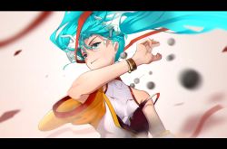 Rule 34 | 1girl, absurdres, alternate costume, bead necklace, beads, blue eyes, blue hair, bracelet, breasts, commentary, english commentary, floating hair, hatsune miku, highres, jewelry, letterboxed, looking down, necklace, oria, small breasts, solo, twintails, vocaloid