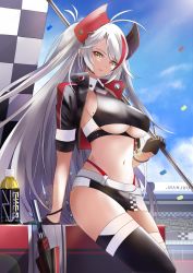Rule 34 | 1girl, azur lane, belt, black gloves, black jacket, black skirt, black thighhighs, black umbrella, blue sky, breasts, checkered flag, closed umbrella, clothing cutout, cropped shirt, earpiece, flag, gloves, half gloves, headgear, highres, holding, holding flag, jacket, large breasts, long hair, looking at viewer, manjirou (manji illust), midriff, multicolored hair, navel, official alternate costume, open clothes, open jacket, outdoors, panties, panty straps, prinz eugen (azur lane), prinz eugen (final lap) (azur lane), race queen, racetrack, red hair, red panties, skirt, sky, solo, standing, streaked hair, thighhighs, two-tone hair, two-tone skirt, umbrella, underboob, underboob cutout, underwear, very long hair, white belt, white hair, white skirt, yellow eyes