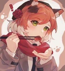 Rule 34 | !, 1girl, animal ear fluff, animal ears, arknights, beret, black hat, black necktie, brown background, brown hair, brown jacket, cat ears, chopsticks, collared shirt, commentary request, flower, food, hair flower, hair ornament, hands up, hat, highres, holding, holding chopsticks, jacket, long sleeves, looking away, mousse (arknights), mousse (campfire cooking smoke) (arknights), multicolored hair, necktie, open clothes, open jacket, red flower, red scarf, scarf, shirt, solo, tantantantan24391, two-tone background, two-tone hair, upper body, white background, white hair, white shirt