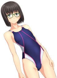 Rule 34 | 1girl, absurdres, black eyes, black hair, blue one-piece swimsuit, cameltoe, collarbone, competition swimsuit, dutch angle, flat chest, gluteal fold, green-framed eyewear, highres, looking at viewer, multicolored clothes, multicolored swimsuit, one-piece swimsuit, original, short hair, simple background, solo, standing, swimsuit, takafumi, white background