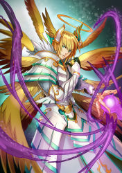 Rule 34 | 1boy, aqua eyes, archangel lucifer, blonde hair, green eyes, halo, highres, imari, looking at viewer, lucifer (p&amp;d), male focus, puzzle &amp; dragons, short hair, solo, sword, weapon, wings