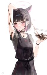 Rule 34 | 1girl, apron, arm up, black apron, black hair, black shirt, black skirt, blue archive, bowl, bracelet, chocolate, closed mouth, colored inner hair, food, food on face, halo, heart, hidulume, highres, holding, holding bowl, jewelry, kazusa (blue archive), looking at viewer, medium hair, multicolored hair, pink eyes, pink hair, pink halo, shirt, short sleeves, skirt, smile, solo, tongue, tongue out, white background