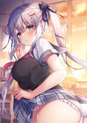 Rule 34 | 1girl, :o, absurdres, ass, black sweater vest, blue sailor collar, blurry, blurry background, blush, breasts, chair, clothes lift, commentary request, desk, evening, grey eyes, grey hair, grey skirt, hair between eyes, hair ornament, hair ribbon, hairclip, highres, indoors, lens flare, lifting own clothes, long hair, looking at viewer, medium breasts, mitsuba choco, open mouth, original, panties, plaid, plaid skirt, ribbon, sailor collar, school chair, school desk, school uniform, serafuku, shirt, side-tie panties, sidelocks, skirt, skirt lift, solo, sunset, sweater vest, thighs, twintails, underwear, white panties, white shirt