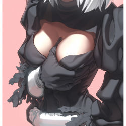 Rule 34 | 1girl, aconitea, breast hold, breasts, cleavage, cleavage cutout, close-up, clothing cutout, gloves, grabbing own breast, head out of frame, highres, medium breasts, nier (series), nier:automata, pink background, short hair, silver hair, simple background, solo, 2b (nier:automata)