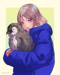 Rule 34 | 1girl, animal, animal hug, baby penguin, bird, blue eyes, brown hair, check copyright, closed mouth, copyright request, from side, highres, holding, holding animal, hood, hood down, hug, jacket, jiro (ninetysix), lips, long hair, long sleeves, looking at viewer, looking to the side, original, penguin, puffy sleeves, purple eyes, solo, twitter username, upper body, white background, yellow background