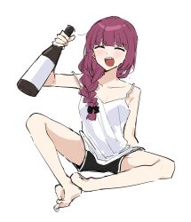 Rule 34 | 1girl, :d, alcohol, bare legs, barefoot, black bow, black shorts, bocchi the rock!, bottle, bow, braid, breasts, camisole, cleavage, closed eyes, commentary request, danji bang, dolphin shorts, drunk, hair bow, highres, hiroi kikuri, korean commentary, legs, long hair, medium breasts, open mouth, purple hair, sharp teeth, shorts, simple background, single braid, smile, solo, teeth, toes, white background, white camisole