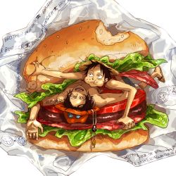 Rule 34 | 2boys, black hair, brothers, brown hair, burger, eating, food, food on face, freckles, hat, jewelry, jolly roger, lettuce, male focus, mini person, miniboy, monkey d. luffy, multiple boys, napkin, necklace, one piece, pirate, portgas d. ace, sad face, sandals, scar, shaku (gekirin), short hair, shorts, siblings, smile, smiley face, straw hat, tattoo, tomato, topless male