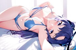 Rule 34 | 1girl, alternate costume, armpits, bare shoulders, bed sheet, bikini, blew andwhite, blue archive, blue bikini, blue eyes, blush, breasts, cleavage, collarbone, commentary request, halo, halterneck, highres, large breasts, long hair, looking at viewer, lying, navel, off shoulder, on back, on bed, on side, parted lips, purple eyes, solo, strap pull, string bikini, swimsuit, thighs, two side up, yuuka (blue archive)