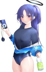 Rule 34 | 1girl, absurdres, blue archive, blush, bottle, closed mouth, halo, highres, holding, holding bottle, jacket, long hair, long sleeves, looking at viewer, off shoulder, one-piece swimsuit, open clothes, open jacket, purple eyes, purple hair, shirt, simple background, solo, stopwatch, swimsuit, wanghua, watch, yuuka (blue archive), yuuka (track) (blue archive)