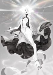 Rule 34 | 1girl, absurdres, black lips, black nails, cape, character name, diamond (gemstone), dutch angle, closed eyes, eyeshadow, feet, high heels, highres, light rays, lipstick, makeup, nail polish, parted lips, rainbow, smile, solo, sparkle, standing, steven universe, white diamond (steven universe)
