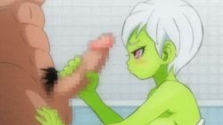 Rule 34 | 1girl, animated, animated gif, blush, bouncing breasts, breasts, broly (dragon ball z), censored, cheelai, colored skin, dragon ball, dragon ball super, dragon ball super broly, from side, green skin, handjob, kneeling, large breasts, large penis, male pubic hair, mosaic censoring, naked towel, nipples, penis, pink eyes, pubic hair, short hair, solo focus, towel, white hair, yamamoto doujin